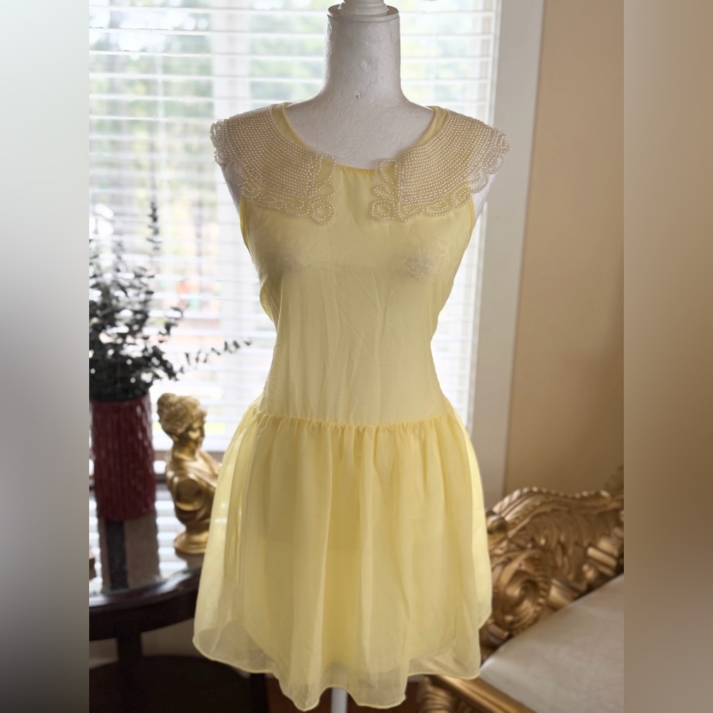 NaRaNa Pale Yellow Sleeveless Dress with Pearl Beaded Overlay Collar